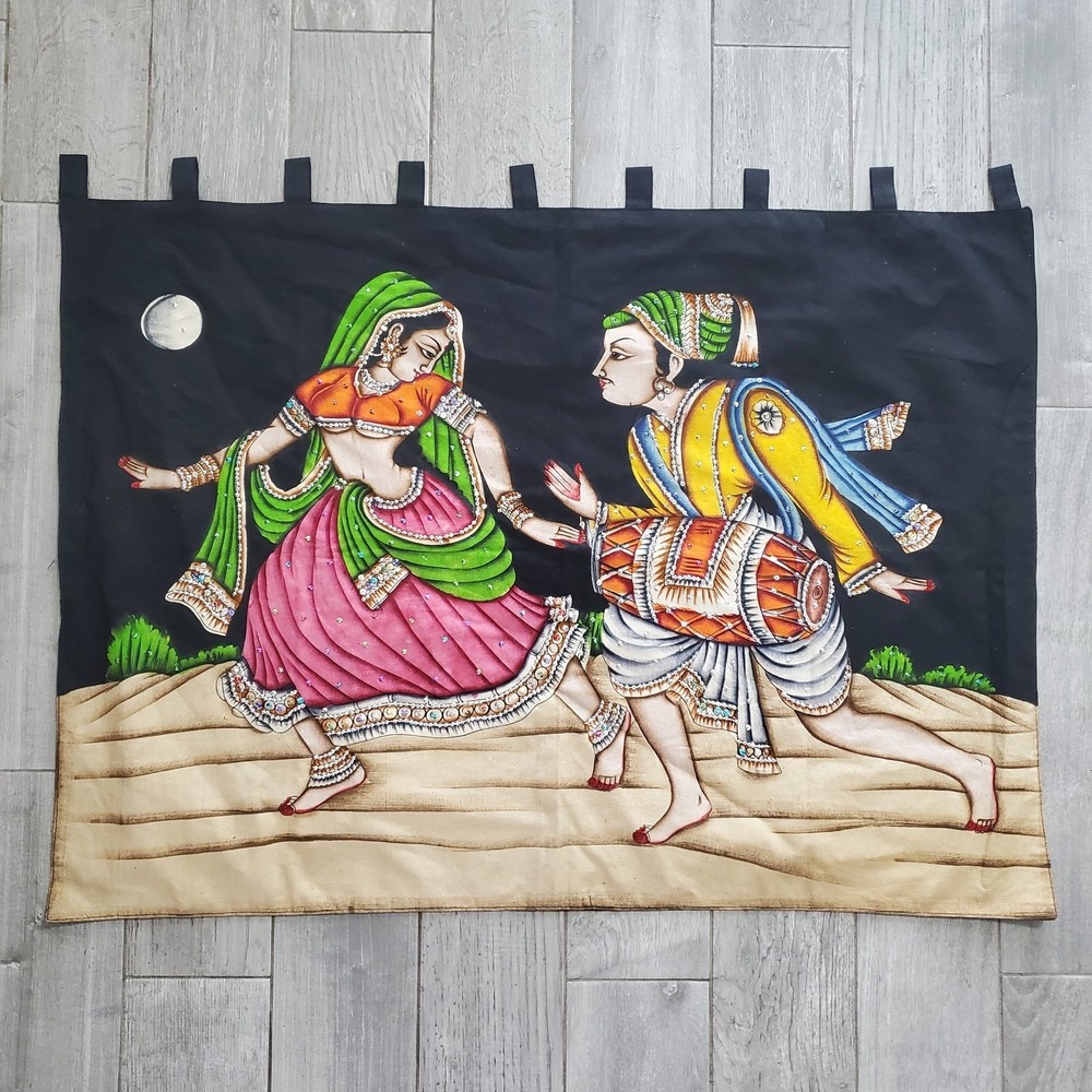 Rajasthani Folk Art Wall Hanging Tapestry Hand Painted Sequined India 41"x29"